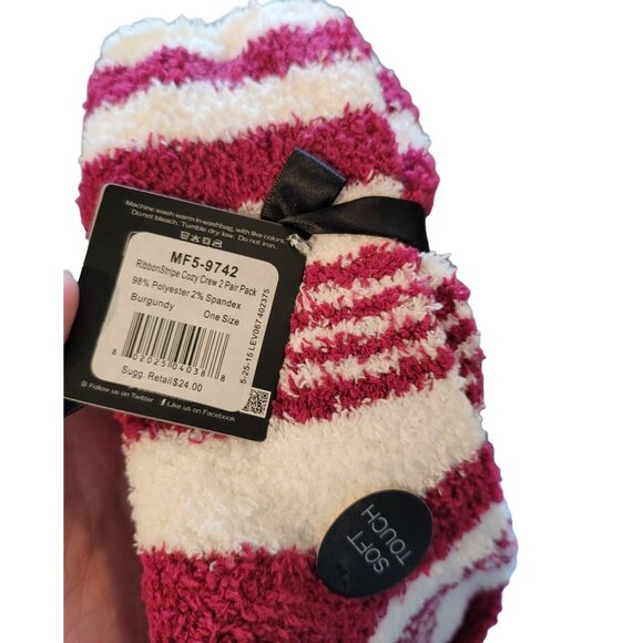 Crew Socks Ribbon Stripe Soft Touch Burgundy Raspberry Pink White Set JJ1516 - Picture 3 of 5